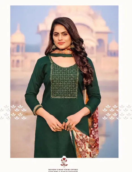 Unstitched Green Cotton Salwar Suit Dress Material with Embroidery