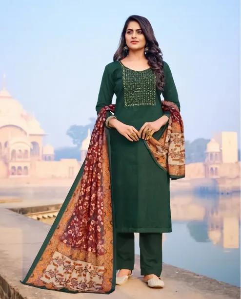 Unstitched Green Cotton Salwar Suit Dress Material with Embroidery