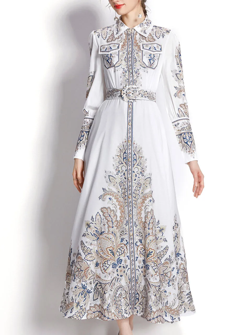 White Flower High Neck Floral Print Trumpet Sleeve Bohemian Dress Maxi Dress