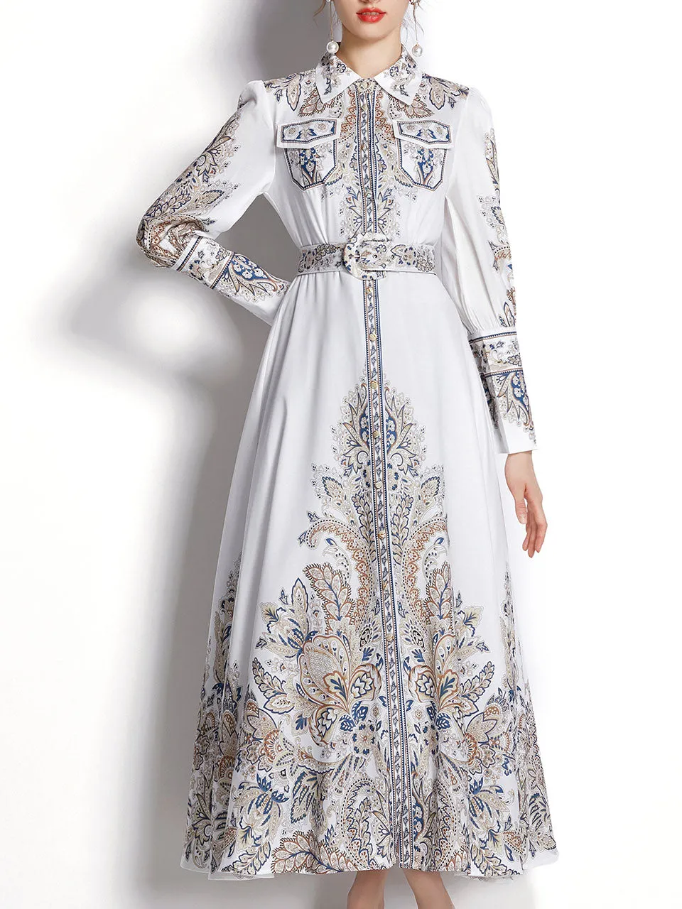 White Flower High Neck Floral Print Trumpet Sleeve Bohemian Dress Maxi Dress