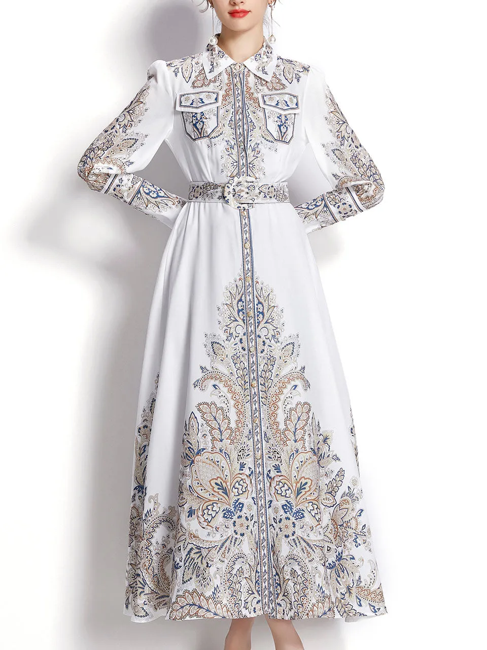 White Flower High Neck Floral Print Trumpet Sleeve Bohemian Dress Maxi Dress