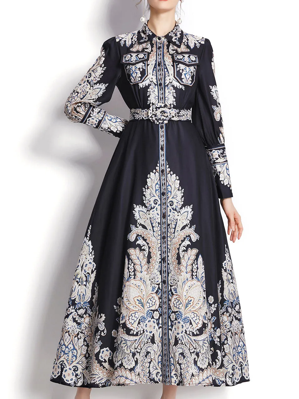 White Flower High Neck Floral Print Trumpet Sleeve Bohemian Dress Maxi Dress