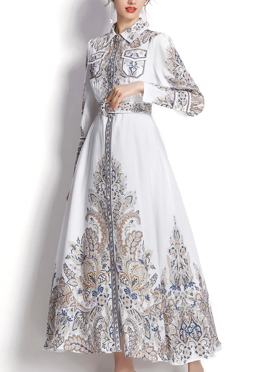 White Flower High Neck Floral Print Trumpet Sleeve Bohemian Dress Maxi Dress