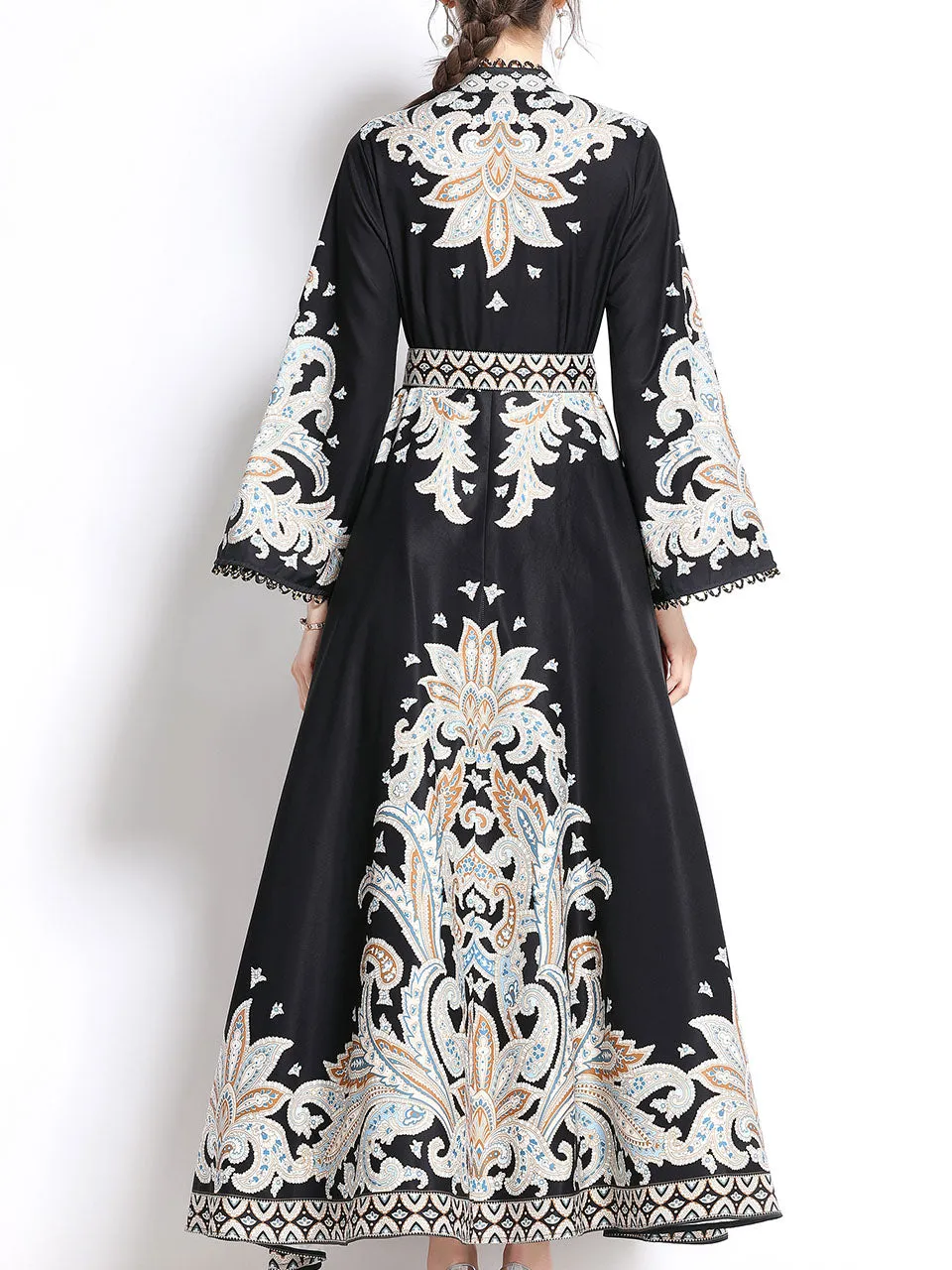 White Lace Stand Collar Floral Printed Boho Dress Maxi Dress