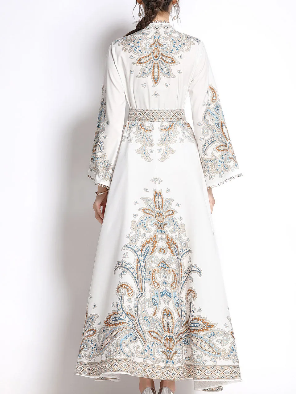 White Lace Stand Collar Floral Printed Boho Dress Maxi Dress