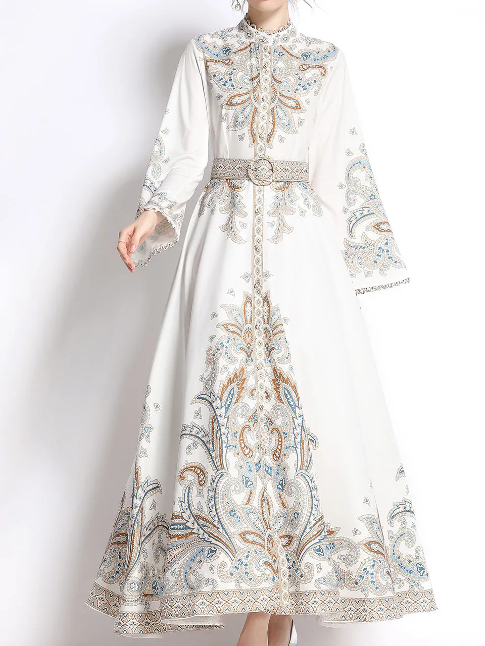 White Lace Stand Collar Floral Printed Boho Dress Maxi Dress