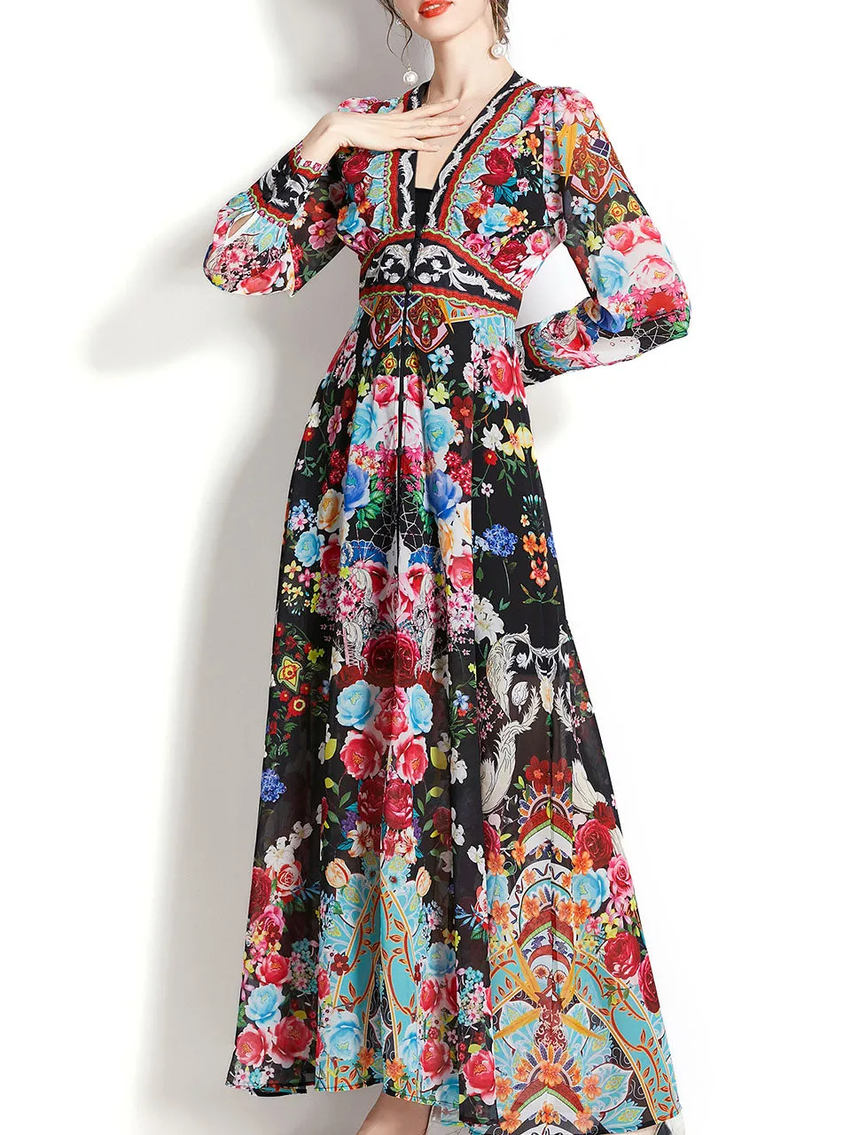 White V Neck Floral Print Lantern Sleeve Bohemian Dress Maxi Dress