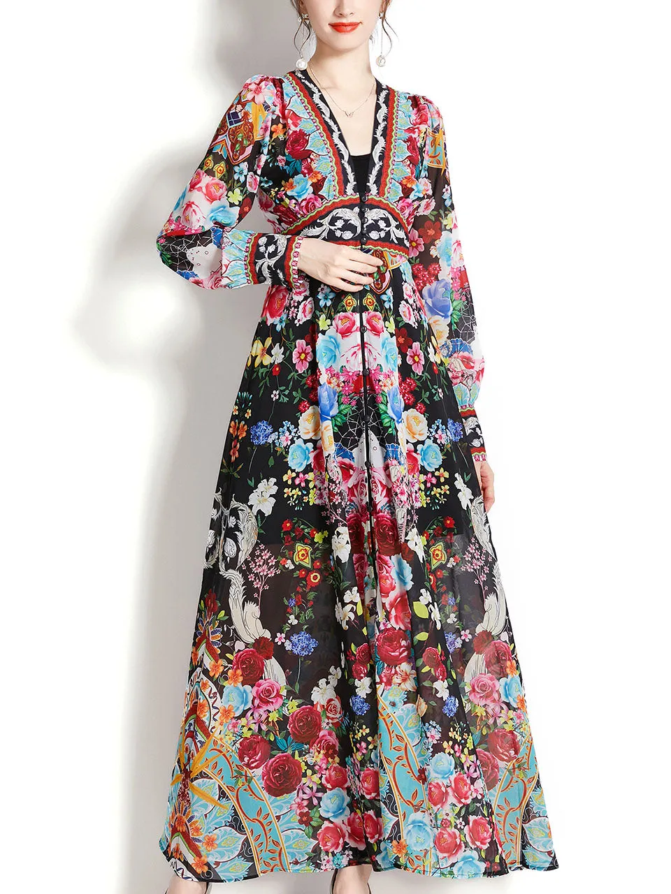 White V Neck Floral Print Lantern Sleeve Bohemian Dress Maxi Dress