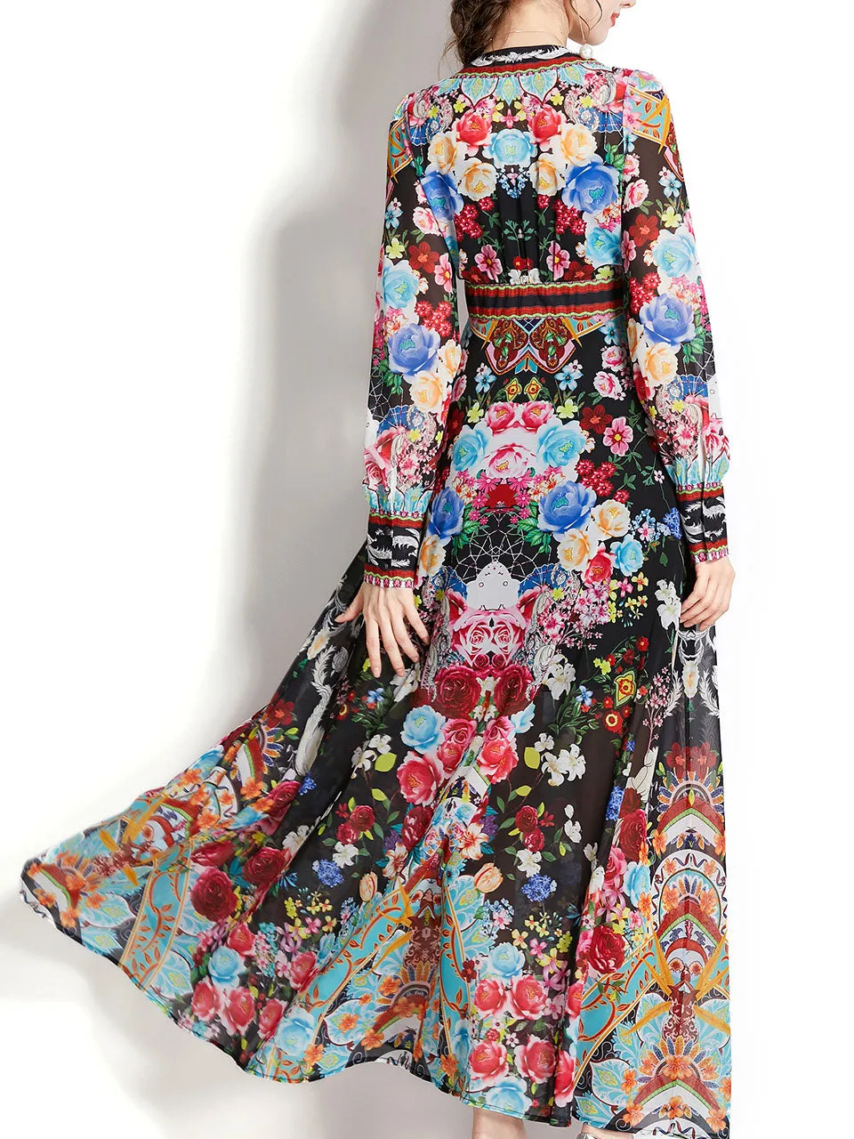 White V Neck Floral Print Lantern Sleeve Bohemian Dress Maxi Dress