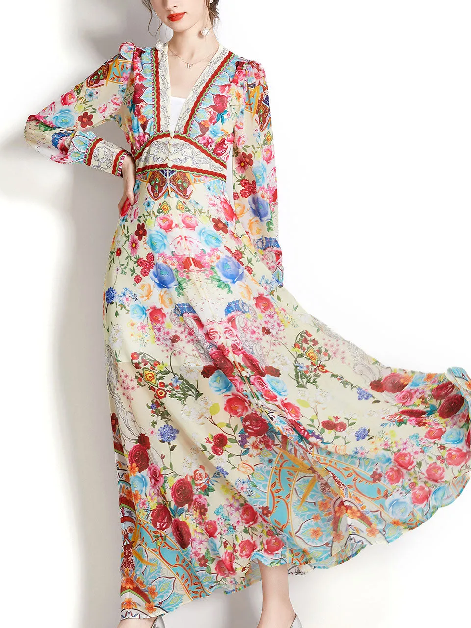 White V Neck Floral Print Lantern Sleeve Bohemian Dress Maxi Dress