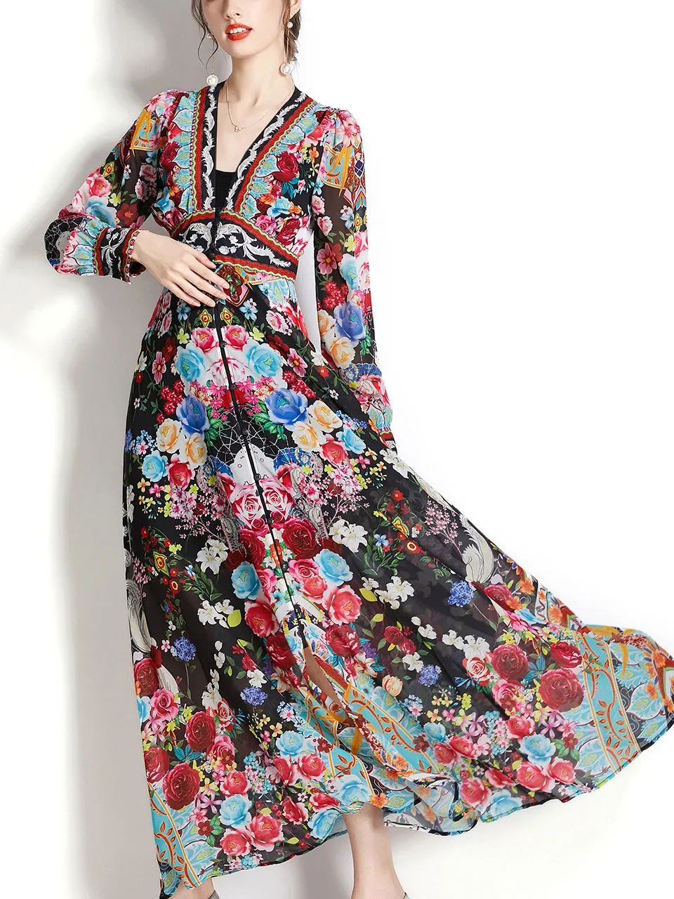 White V Neck Floral Print Lantern Sleeve Bohemian Dress Maxi Dress