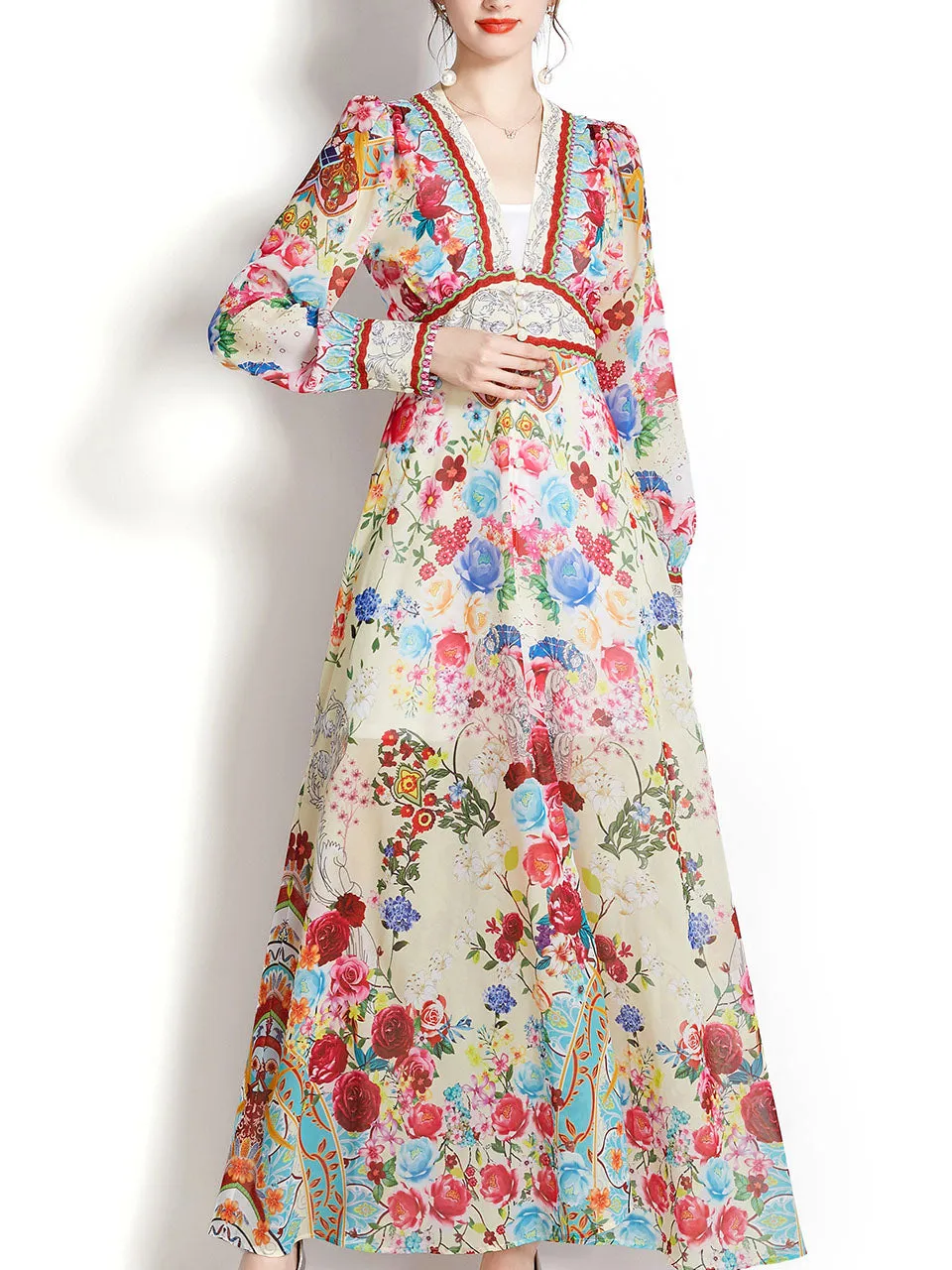 White V Neck Floral Print Lantern Sleeve Bohemian Dress Maxi Dress