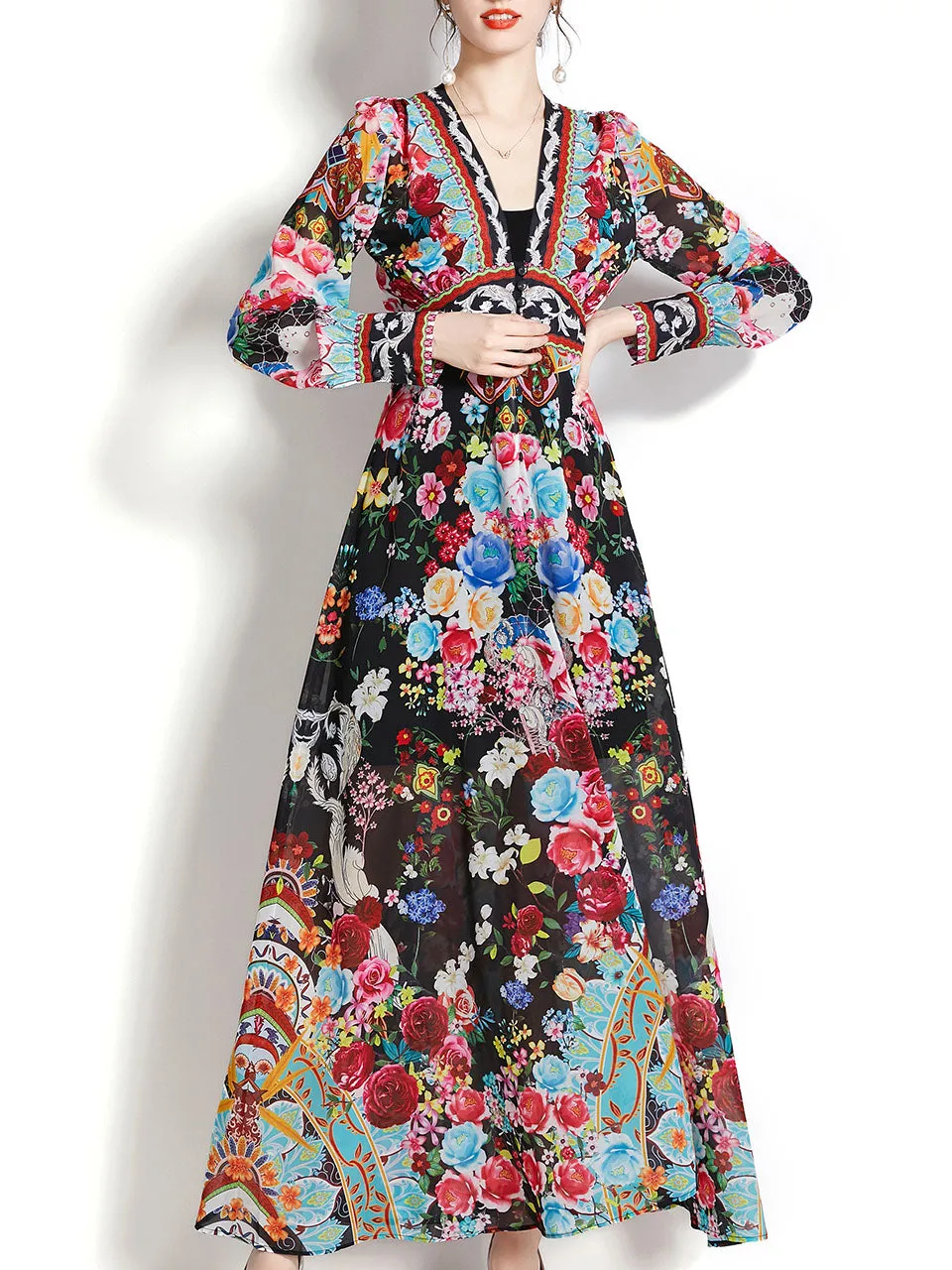 White V Neck Floral Print Lantern Sleeve Bohemian Dress Maxi Dress