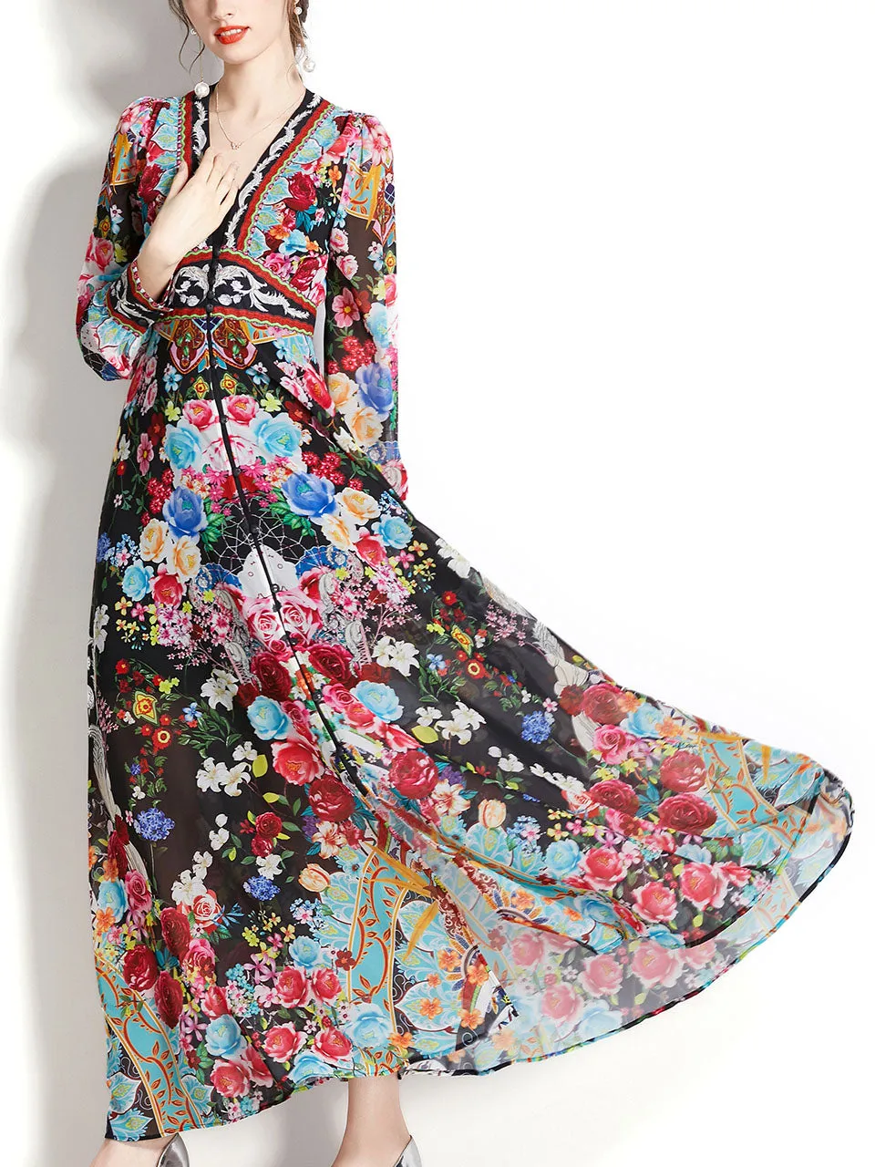 White V Neck Floral Print Lantern Sleeve Bohemian Dress Maxi Dress