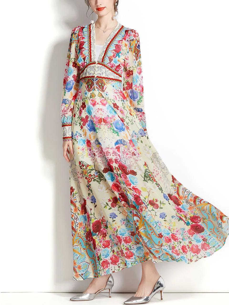 White V Neck Floral Print Lantern Sleeve Bohemian Dress Maxi Dress