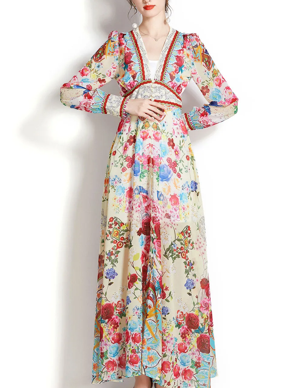 White V Neck Floral Print Lantern Sleeve Bohemian Dress Maxi Dress