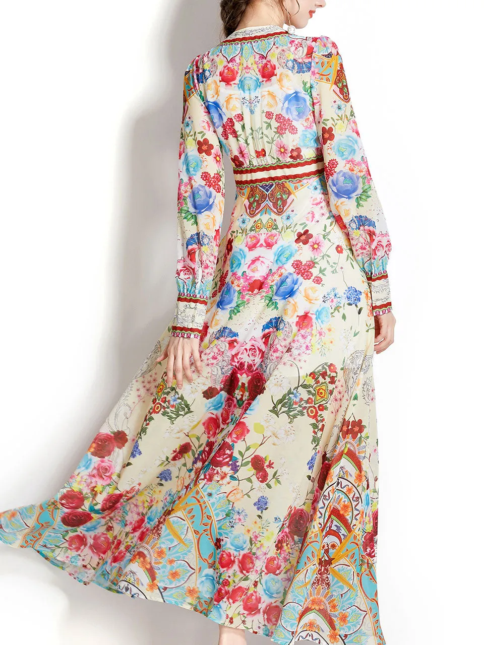 White V Neck Floral Print Lantern Sleeve Bohemian Dress Maxi Dress