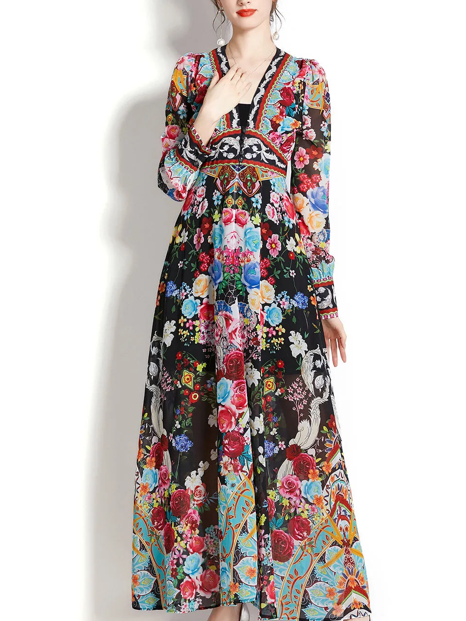 White V Neck Floral Print Lantern Sleeve Bohemian Dress Maxi Dress