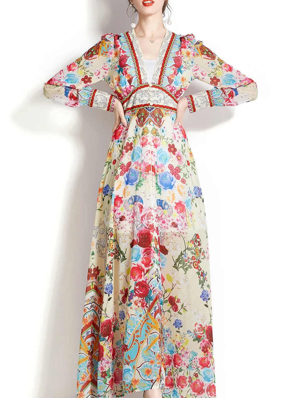 White V Neck Floral Print Lantern Sleeve Bohemian Dress Maxi Dress