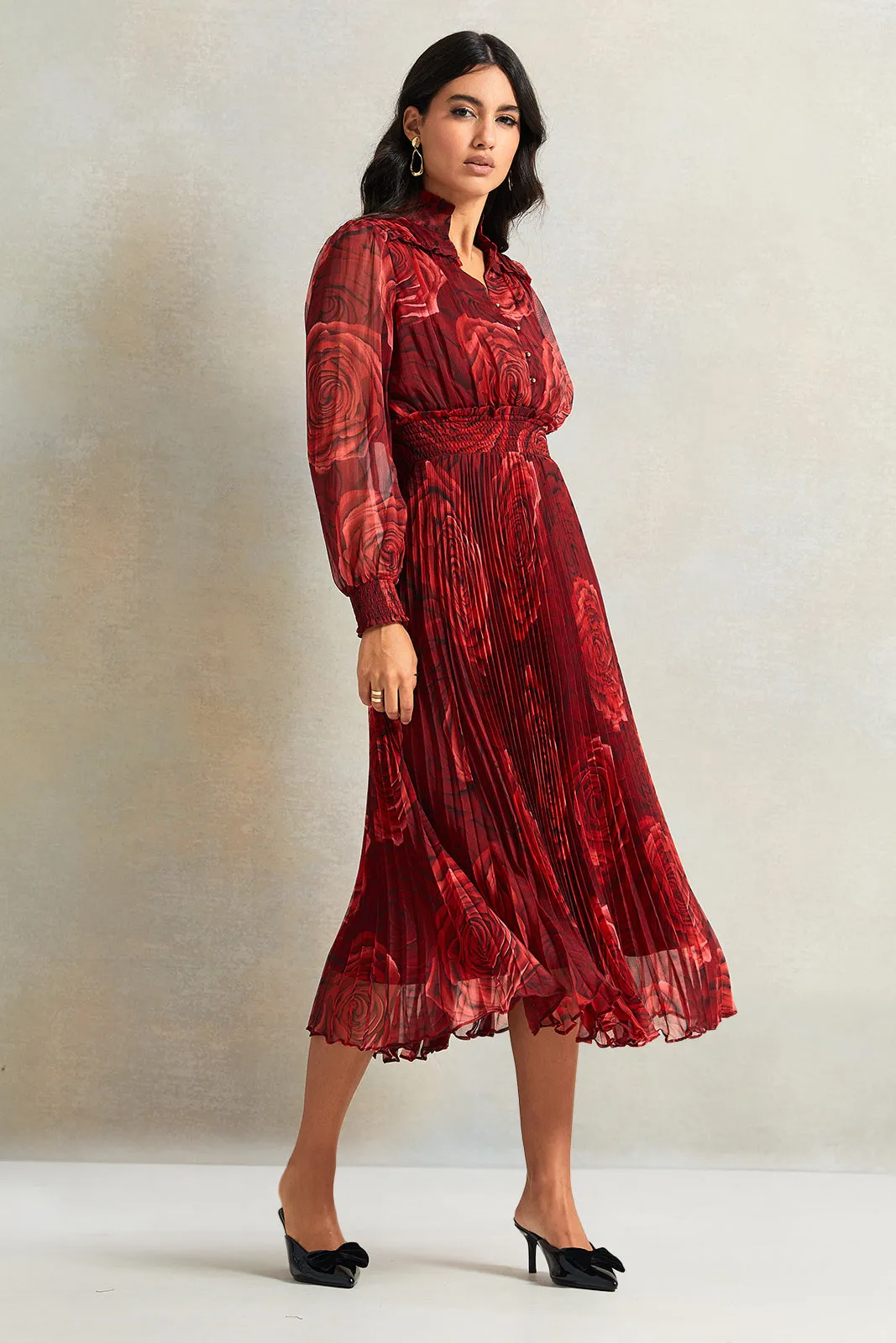 Women Red Rose Floral Pleated Dress