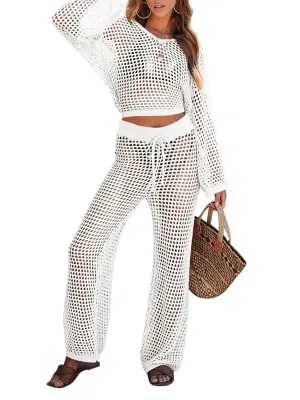 Women's 2 Pieces Crochet Sleeveless Crop Top Wide Leg Long Pants Beach Cover Up