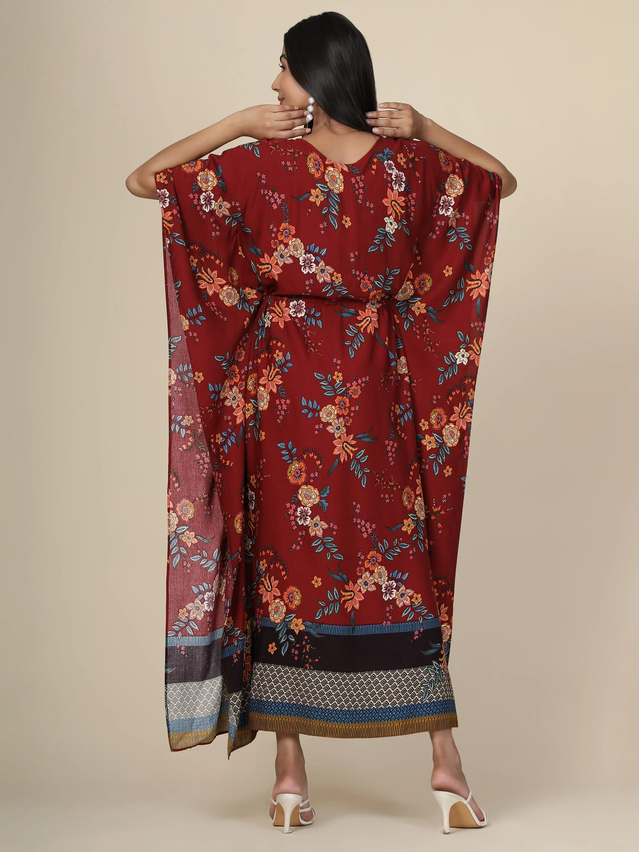 Women's Floral print Rayon long Kaftan in Maroon base