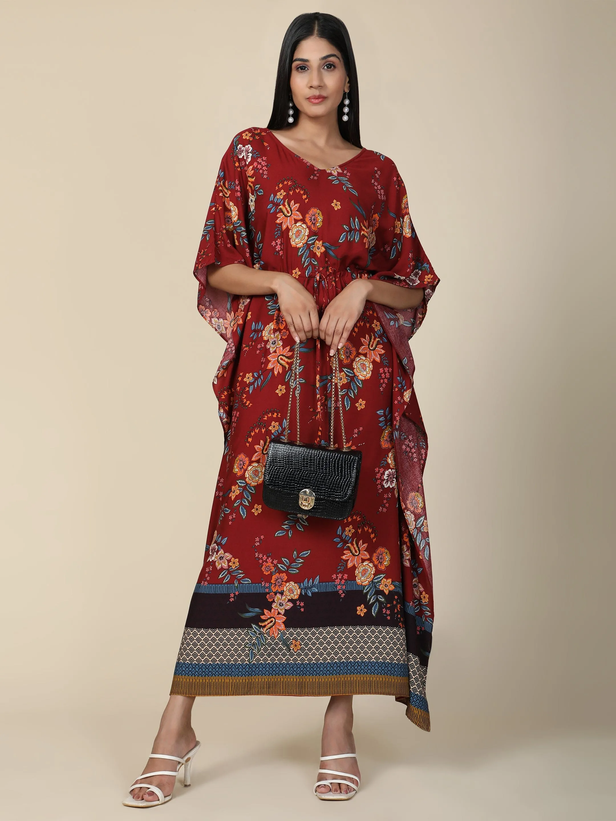 Women's Floral print Rayon long Kaftan in Maroon base