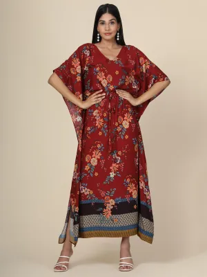 Women's Floral print Rayon long Kaftan in Maroon base