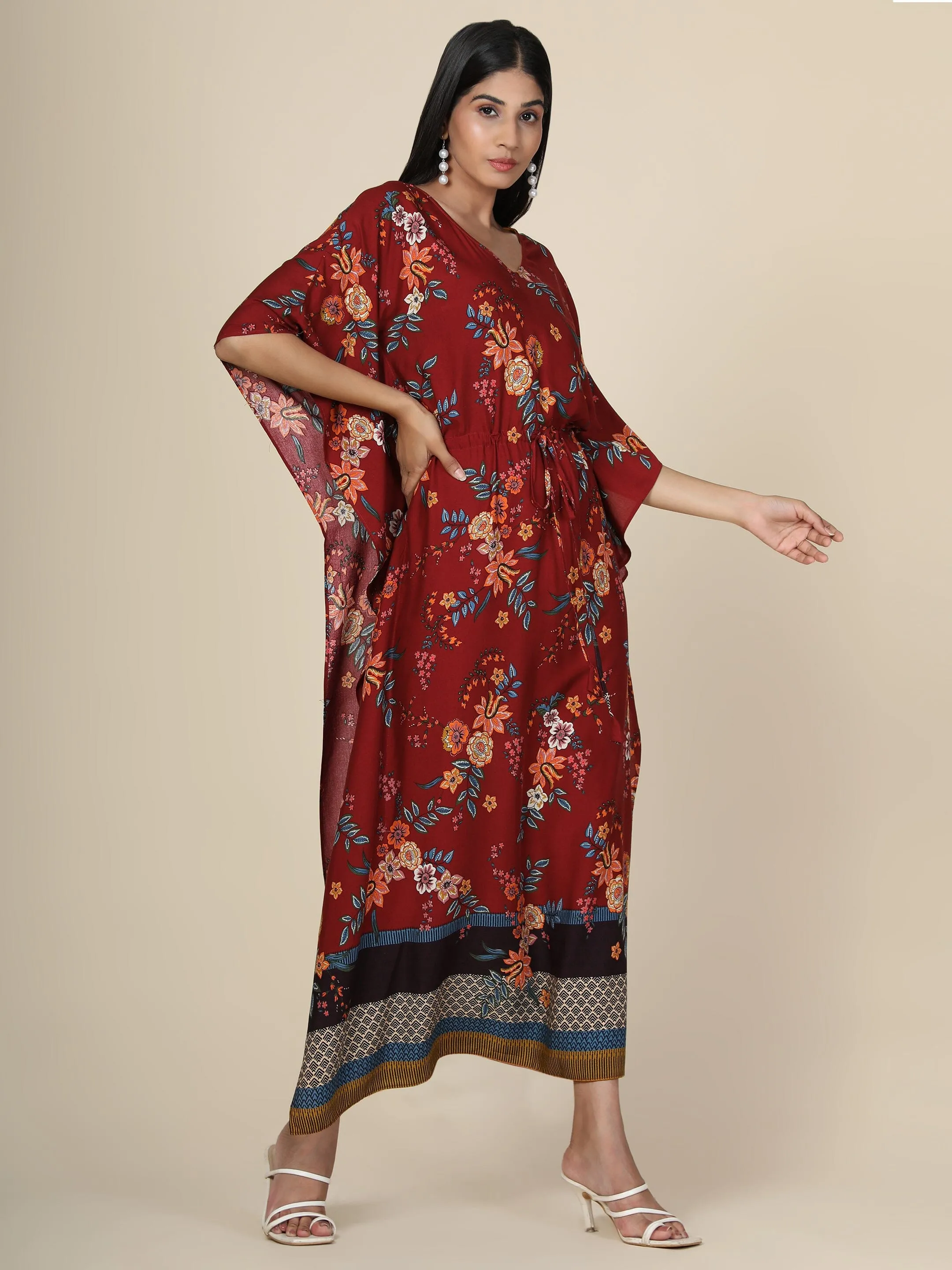 Women's Floral print Rayon long Kaftan in Maroon base