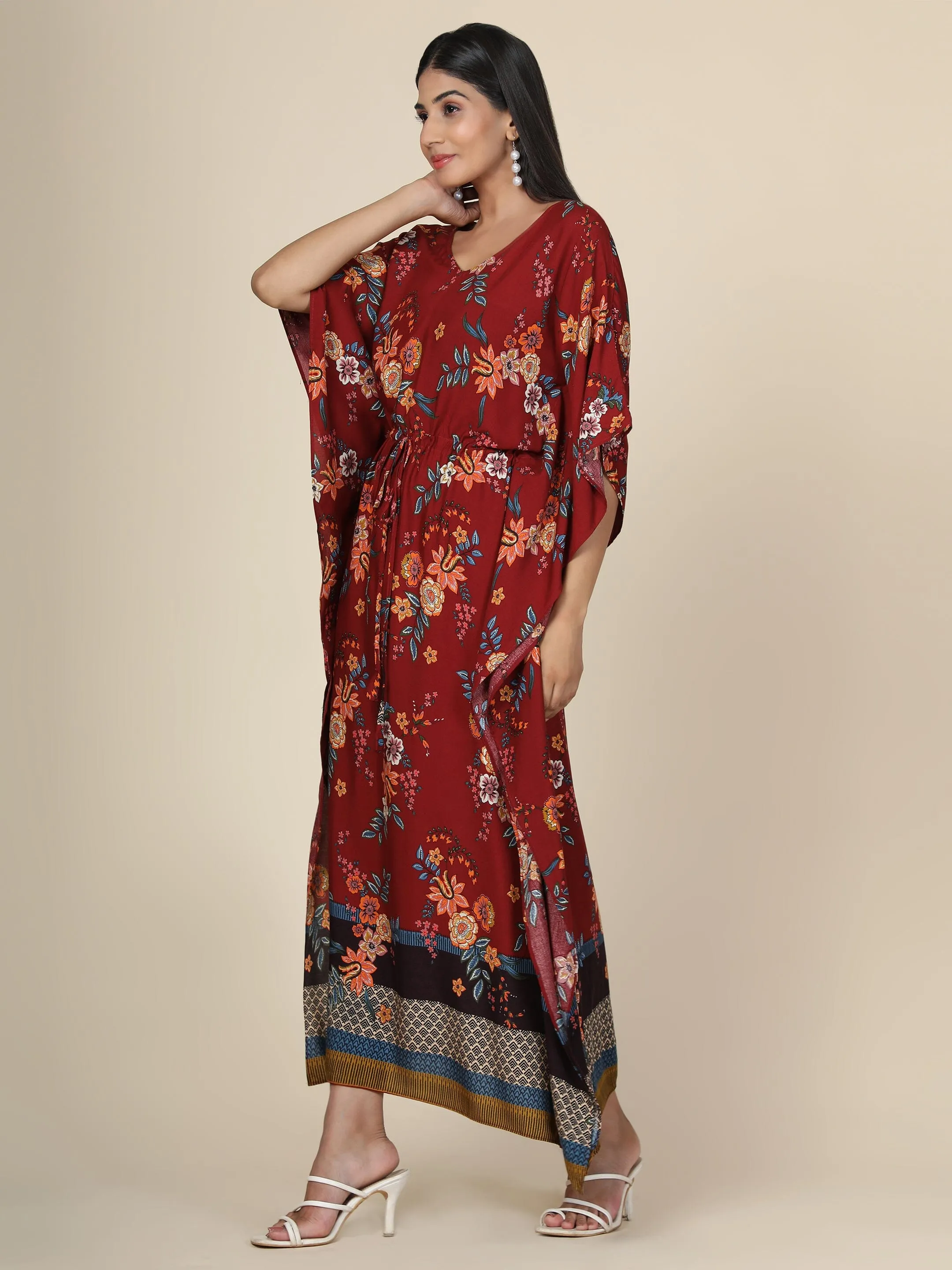 Women's Floral print Rayon long Kaftan in Maroon base