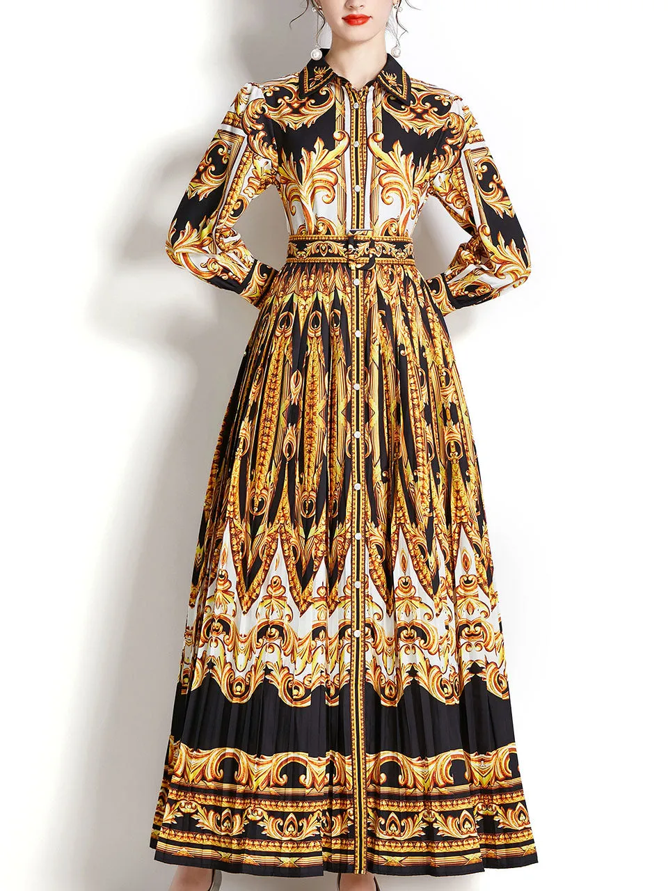 Yellow Turn Down Collar Floral Print Trumpet Sleeve Bohemian Dress Maxi Dress