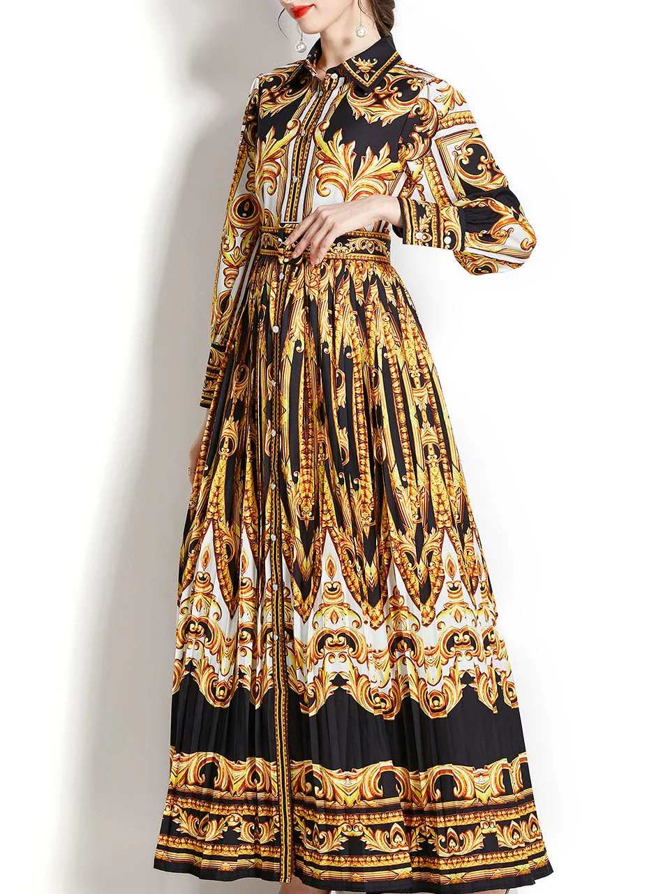 Yellow Turn Down Collar Floral Print Trumpet Sleeve Bohemian Dress Maxi Dress