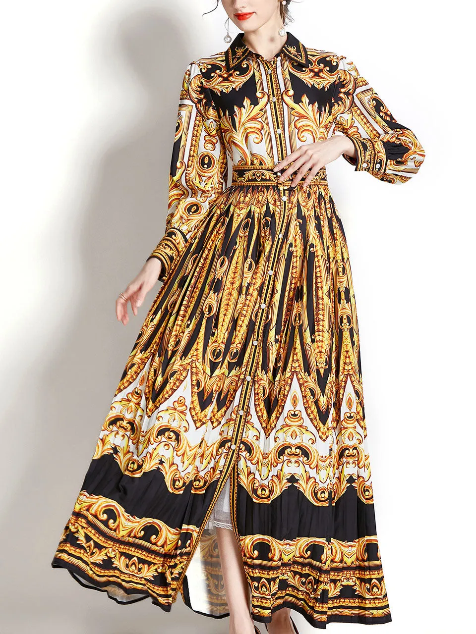 Yellow Turn Down Collar Floral Print Trumpet Sleeve Bohemian Dress Maxi Dress