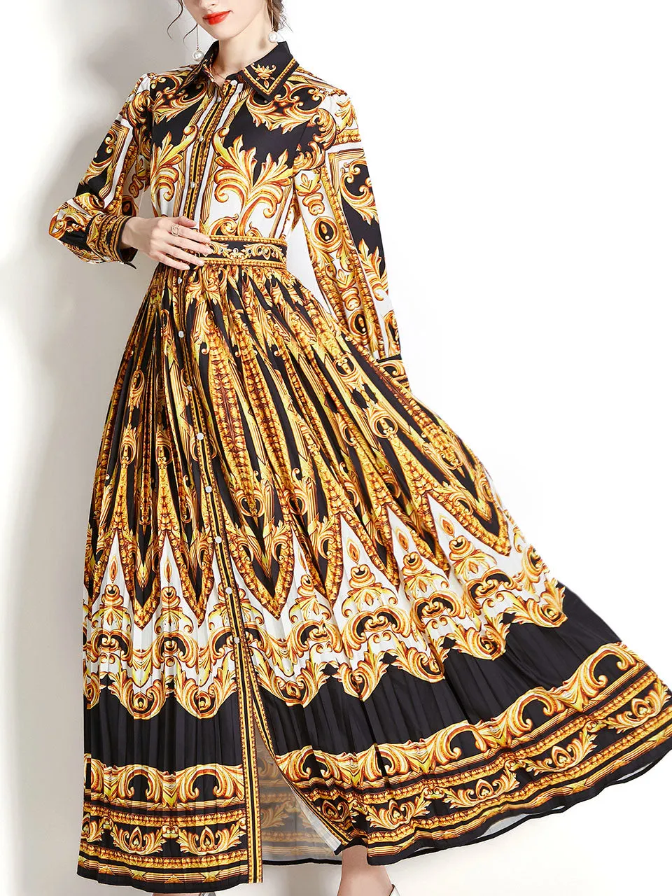 Yellow Turn Down Collar Floral Print Trumpet Sleeve Bohemian Dress Maxi Dress